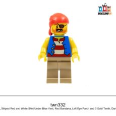 Figurine Town Pirate Man, Striped Red and White Shirt Under Blue Vest, Red Bandana, réf. twn332
