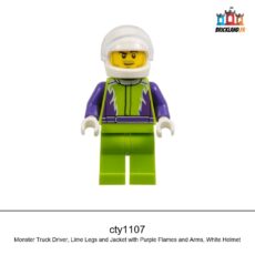 Figurine Town Monster Truck Driver, Lime Legs and Jacket with Purple Flames and Arms, White Helmet, réf. cty1107